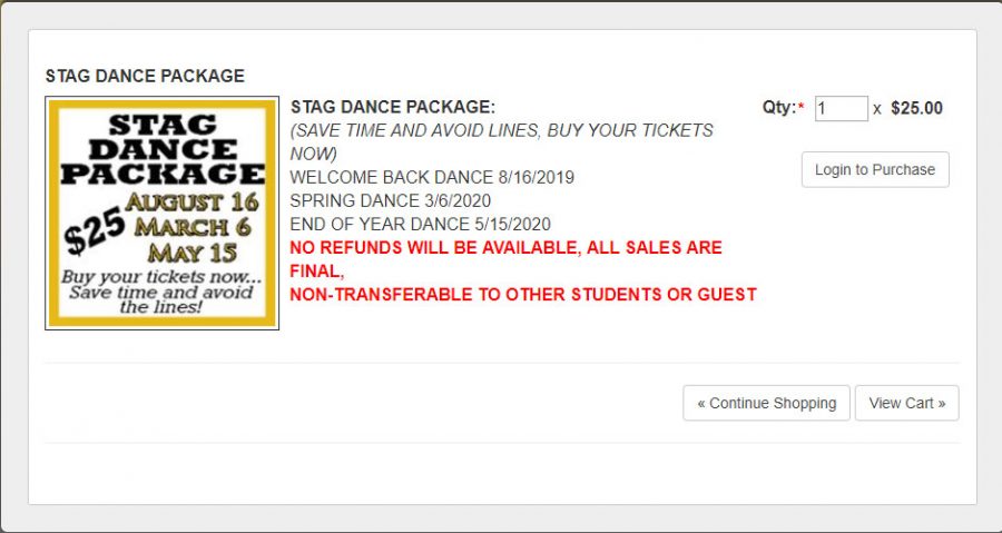 The Sunny Hills Webstore offers Lancers a chance to use a credit card to buy a Stag Dance Package for $25. The purchase includes admission to the school years three dances: Aug. 16, March 6 and May 15.
