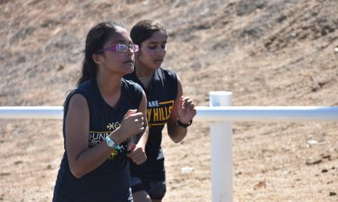 Juniors Isha Patel (front) and Sneha Amin jog up Lancer Way toward school during their cross country practice Aug. 15. Photo taken by Accolade photographer Paul Yasutake.