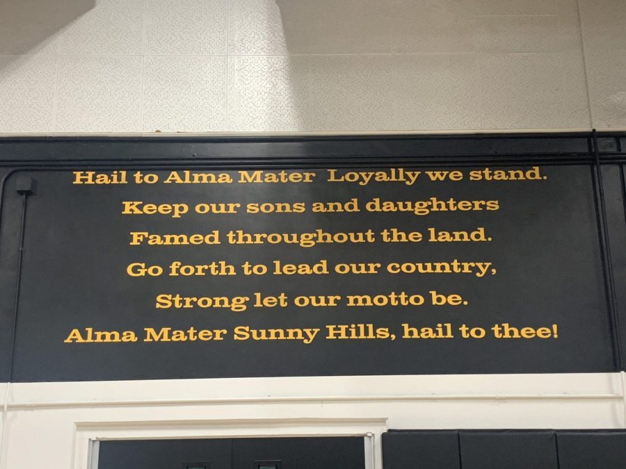 Sunny Hills alma mater is painted in yellow with a black background -- both school colors. School officials are asking students to contribute their ideas for how to make it more appealing. Photo taken by Accolade photo editor Megan Shin