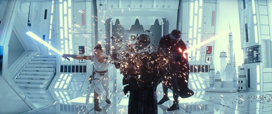 The final installment of the Star Wars saga, which was released Dec. 20, includes some spectacular lightsaber duels like this one in which Rey (left) played by Daisy Ridley fends off the evil Kylo Ren (Adam Driver), who tries to persuade Rey into joining the Dark Side of the force. Their fight eventually destroys the remains of the Darth Vader helmet. Image posted with permission from Walt Disney Studios.