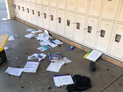 Students' belongings lay scattered on the floor near the set of lockers attached to the 30s building in the aftermath of a Nov. 16 early morning vandalism at Sunny Hills. Image posted with permission from Jennifer Kim.