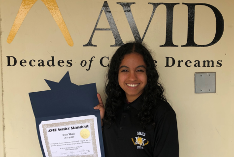 Senior Dana Mabin holds up the certificate she received back in November for being this school year's AVID Senior Standout. Mabin will be recognized April 20 at the University of California at Irvine's Barclay Theater. That’s also the same day when she’ll find out whether she will be awarded up to $24,000 for the Orange County AVID scholarship and up to $2,500 for the AVID Orange County Dollars scholarship. Image used with permission from Lori Larsen.