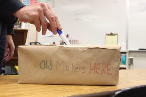 Eco Club members decorated marker donation boxes like this one in December. As of Feb. 7, they can be found in 15 classrooms, one box in every building section of the campus. For example in the 130s building, teachers and students can go to Room 137, art teacher Brian Wall’s class, to put their used markers inside. Photo taken by Accolade photographer Brianna Zafra.