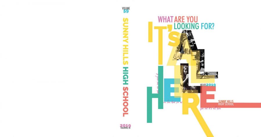 The 20018-2019 yearbook cover titled, What Are You Looking For? Its All Here, features five different colors for the words and letters with black and white images of various school activities representing the word, All. This edition of the yearbook earned a Pacemaker finalist award from the National Scholastic Press Association.