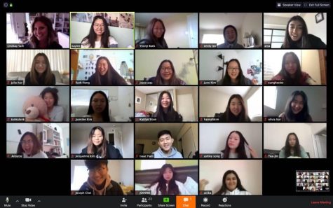 The Helios staff meets with adviser Lindsay Safe (top left corner) March 19 via the Zoom online app to discuss what they need to do to finish the 2019-2020 yearbook since school will remain closed until May 4. Zoom is among some of the distance learning tools that Sunny Hills teachers are using to conduct classes online. Image used with permission from Anika Madan.