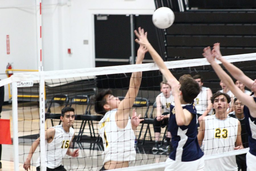 Senior Andrew Park (center) pushes the ball past Crean Lutheran defenders during a 3-1 loss to the Saints. The Feb. 20 game was the first ever Sunny Hills boys volleyball game. Now, the inaugural Freeway League boys volleyball season will have to be postponed to next year. Photo taken by Accolade photographer Brianna Zafra