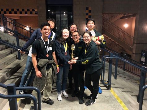 Co-captains senior Cecilia Lee (center), senior Megan Luo (bottom right) and senior Samuel Kho (top right) join some of their Science Olympiad teammates in celebration of their fourth-place finish at the Feb. 15 regional competition held at the University of California, Irvine. Image posted with permission from William Kho.