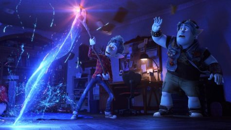 Tom Holland of Marvel's Spider-man voices Ian Lightfoot (left), who chants a visitation spell and uses a Phoenix Gem and a wizard's staff to bring back his father while his older brother Barley watches. This incites the brothers' fantastical quest to find another magical gem to complete their task to resurrect their dead father. Image used with permission from Disney Studios.
