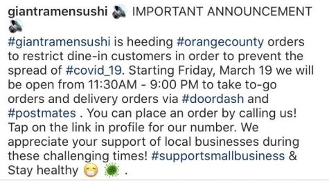 On its Instagram page @giantramensushi, the restaurant announced March 19 that it will only take to-go and delivery orders and will close the building to prevent dine-in customers from coming inside in response to the COVID-19 outbreak. Such a response will also impact part-time student workers there since many of them depend on tips from customers as part of their income.