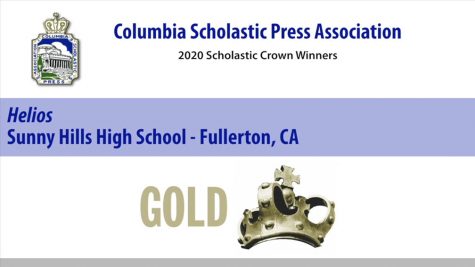 A screenshot of the online video awards presentation by the Columbia Scholastic Press Association recognizes the 2018-2019 Sunny Hills yearbook with its highest honor, a Gold Crown.