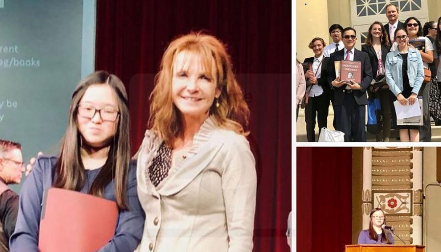 English teacher Christina Zubko stands on the stage in one of Chapman Universitys auditoriums with her student in 2018, the last time Zubko had a finalist who eventually became a first-place winner at the Holocaust writing contest. Images taken from a March 2018 Sunny Hills High School Facebook post taken by Allen Whitten.