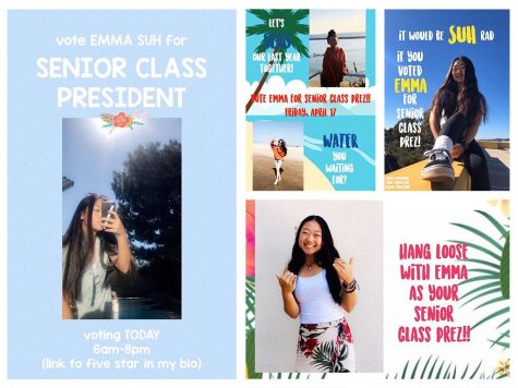 Because the spread of the coronavirus canceled school as of March 13, ASB class officer candidates advertised their campaigns online. Many had themes throughout their posts like the ones pictured above by senior class president-elect junior Emma Suh, who featured a Hawaiian-themed campaign. Image created by Accolade staff writer Hannah Kim.