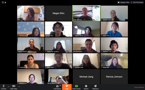 Through an April 24 Zoom meeting that included the five campus counselors, principal Allen Whitten (third from left, top row) announces his plans for the May 28 virtual graduation ceremony and how the 12 Class of 2020 valedictorians will be honored. In the past, Whitten usually summoned seniors to his office to confirm their top of the class status, but because of COVID-19-related stay-at-home orders, he opted to make the announcement online. Photo by Accolade photo editor Megan Shin.