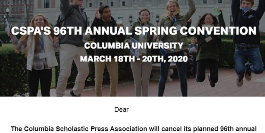 A screenshot of the March 6 announcement from the Columbia Scholastic Press Association about its decision to cancel its national journalism convention and March 20 awards ceremony at Columbia University in New York. The Accolade and Helios student publications had been named Crown winners last October -- the only Orange County journalism programs to have earned such a distinction -- for work produced in the 2018-2019 school year.