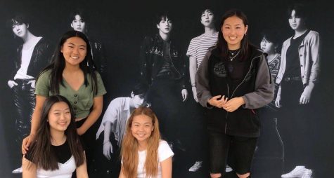 Sophomore Esther Oh (top row, left) and her Sunny Hills BTS ARMY friends get together in front of a banner of the band before the start of the May 2019 Love Yourself: Speak Yourself concert at the Rose Bowl in Pasadena.