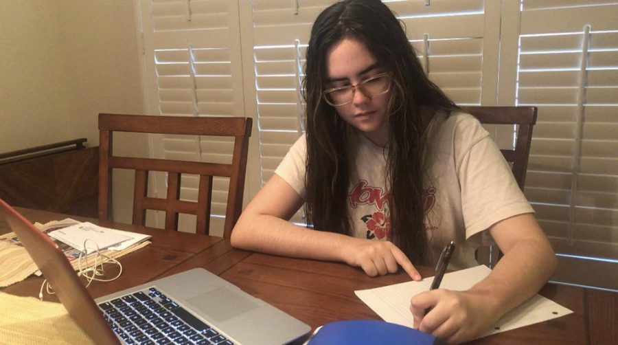 From+the+comfort+of+her+own+home%2C+senior+Michelle+Buckley+uses+her+smartphone+to+take+a+picture+of+herself+as+she+prepares+for+her+May+21+Advanced+Placement+Macroeconomics+exam+by+writing+her+ID+number+and+initials+at+the+top+of+each+scratch+paper.