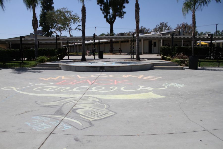 For the start of the 2016-2017 school year, students in the Associated Student Body wrote, Welcome Back Lancers, in various chalk colors in the middle of the quad with a drawing of a Lancer knight underneath.