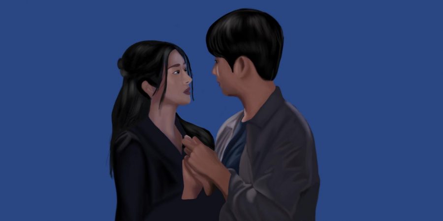 An artists rendering of a scene from Netflixs Korean-imported TV series, Its Okay to Not Be Okay. Actress Seo Ye-ji (left) plays Ko Moon-yeong, a childrens book author who stares into the eyes of Moon Gang-tae, played by Kim Soo-hyun, because of a situation over a smartphone.