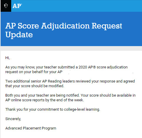 A sample College Board response email regarding a potential change in scores for Advanced Placement tests.