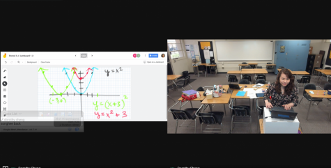 Using the Google Meet platform during distance learning, new math teacher Dorothy Cheng reviews on Aug. 19 from her classroom parabolic equations (left) with her third period Algebra 2 class.