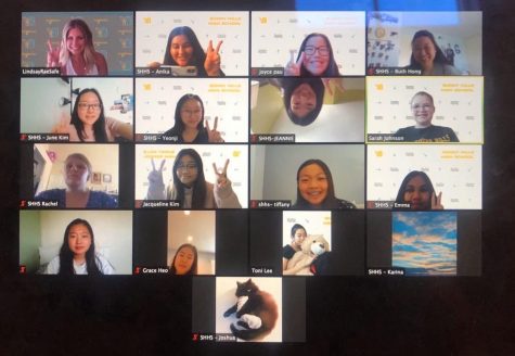 Helios editor-in-chief senior Anika Madan (first row, second video window from left) captures a historic moment -- the first virtual yearbook camp sponsored by Herff Jones on July 25, the camp's first day. Traditionally held at California State University, Long Beach, the July 25-29 Yearbooks by the Beach offers publications students sessions ranging from staff bonding to theme brainstorming. A total of 23 of the 33 Helios yearbook staffers attended the event to prepare for the 2020-2021 annual's production, which now will take place during fifth instead of sixth period.