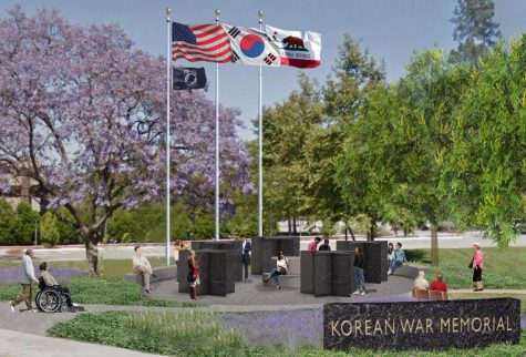An artist’s rendering of what the Korean War Memorial would look like once enough funds have been raised to have it built at Hillcrest Park next to the duck pond in Fullerton, near Fullerton Union High School.