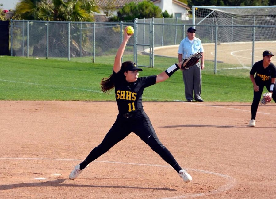 Then-junior Abbie Landrum pitches in an 11-4 win against Tesoro at Sunny Hills High School on March 7.