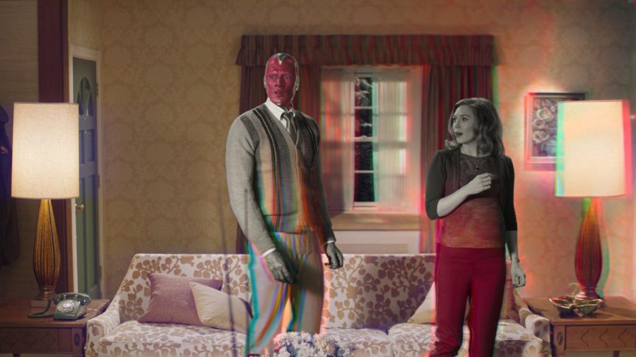 Paul Bettany (left) reprises his role as Vision, who now lives with Elizabeth Olsens Wanda Maximoff. In the six-episode series to stream on Disney+ Jan. 15, the two begin suspecting that their idealized lives are not what they seem to be.
