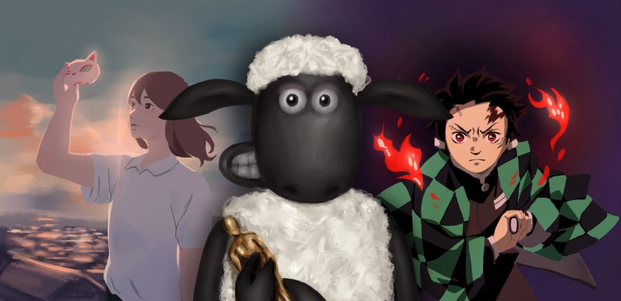 An artist portrays some of the works eligible for an Oscar nomination for Best Animated Feature. The Academy Awards, however, snubbed Japanese works, “A Whisker Away” (left) and “Demon Slayer: Kimetsu no Yaiba the Movie: Mugen Train,” (right) but gave a nod to “Shaun the Sheep the Movie: Farmageddon.”