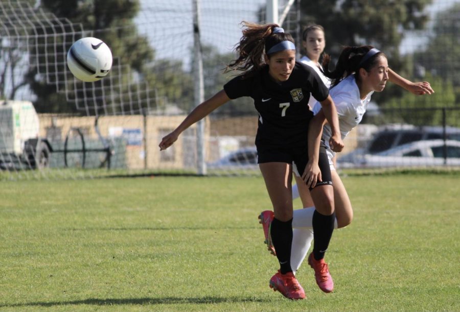 Senior forward Jazmin Montalvo (left) moves around her opponent during an April 20 2-1 win over the La Habra Highlanders. Montalvo, the last of four other siblings who have graduated from Sunny Hills, has committed to attend Biola University in La Mirada.