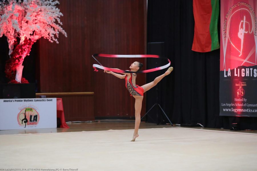 Freshman Hannah Jung performs a ribbon routine at her LA Lights International Rhythmic Gymnastics competition in 2019.