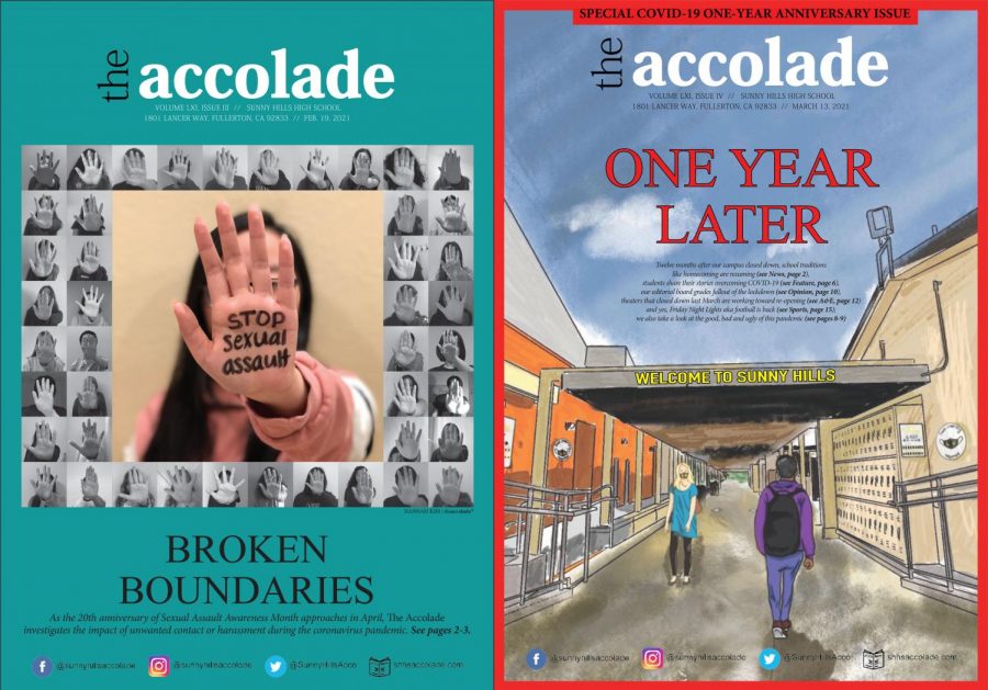 The Accolades Feb. 19 (left) and March 13 issues received Top 10 recognition in a recent Best of Show contest sponsored by the National Scholastic Press Association during a virtual spring journalism convention in April.