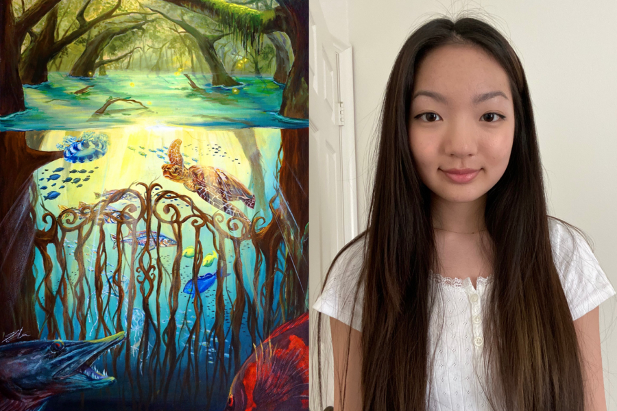 Junior Sharon Choi’s award-winning painting in the international 2021 Science Without Borders Challenge depicts the mangroves as a safety shelter for the small fish from the predators.