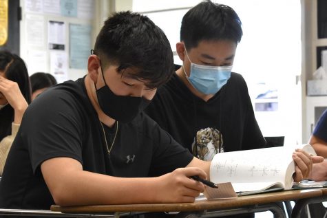 Junior Luke Hong (left) checks his answers after senior Lucas Zhuang helps him with math homework in Room 45. 
