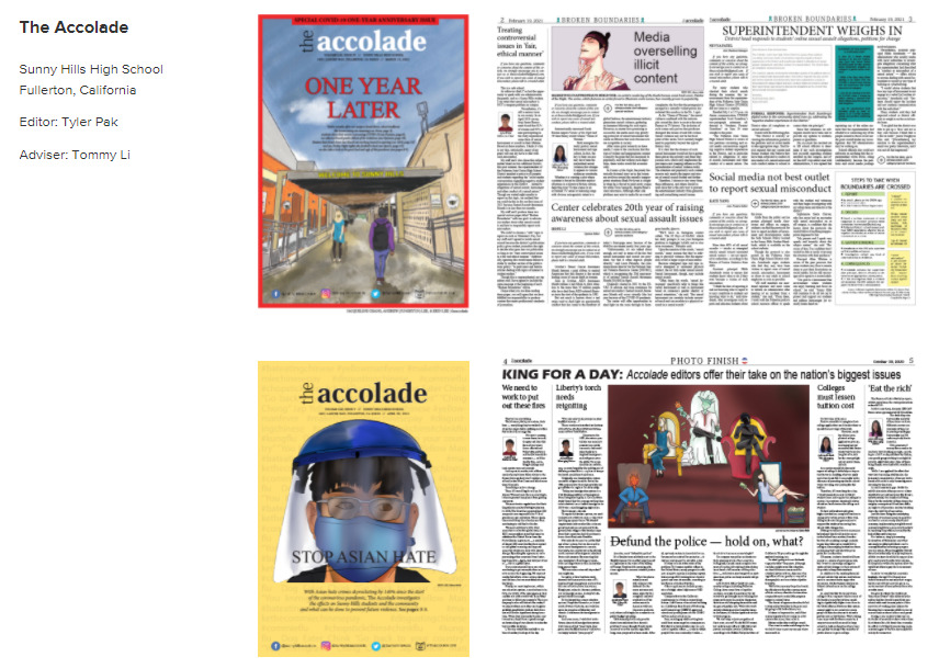 A screenshot of the National Scholastic Press Association's list of high school newspaper Pacemaker finalists with the first one representing California journalism programs being Sunny Hills' <em>The Accolade</em>. 