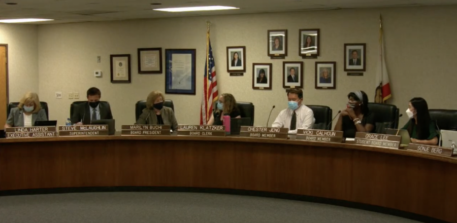 A screenshot of the Sept. 14 trustees meeting in the Fullerton Joint Union High School District board room. The district’s renewal of its nearly $75,000 contract with Zoom was among the items approved as part of the consent calendar during the meeting.