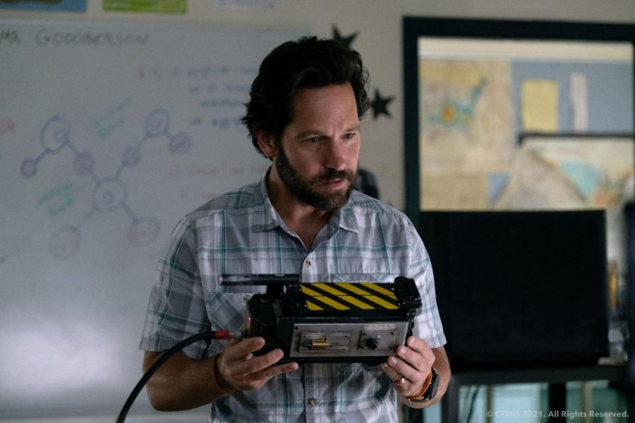 Mr. Grooberson (Paul Rudd, “Avengers: Endgame”) explains to Phoebe (Mckenna Grace, “Malignant”) and Podcast (Logan Kim, “Home Movie: The Princess Bride”) the purpose of the “trap” — a machine that captures and entraps ghosts — in the new movie “Ghostbusters: Afterlife” released Nov. 19.