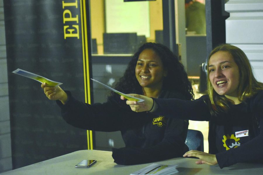 Two Sunny Hills students pass out information about the school’s Engineering Pathways to Innovation and Change during the January 2018 Open House in the gym. With a surge over winter break in Omicron variant cases in Orange County, district officials have decided to cancel the Thursday, Jan. 6, Open House – the first in-person one since January 2020 before the coronavirus pandemic hit in March of that same year.