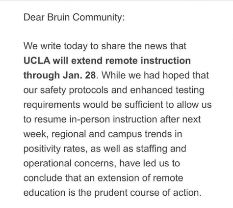 This is a screenshot of an email sent from UCLA to Sunny Hills Class of 2021 alumna Meagan Kimbrell informing her of the extension of remote learning. As University of California and many other colleges are opting to go online because of the new Omicron variant, SH alumni experience the limitations of online instruction.