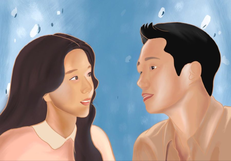 An artist’s rendering of Blackpink K-pop singer Kim (left) in her acting debut  opposite actor Jung Hae-in. Kim plays one of the main characters, Eun Young-ro, who falls in love with Hae-in’s character in this South Korean, 16-episode drama that was released Feb. 9 on Disney+.