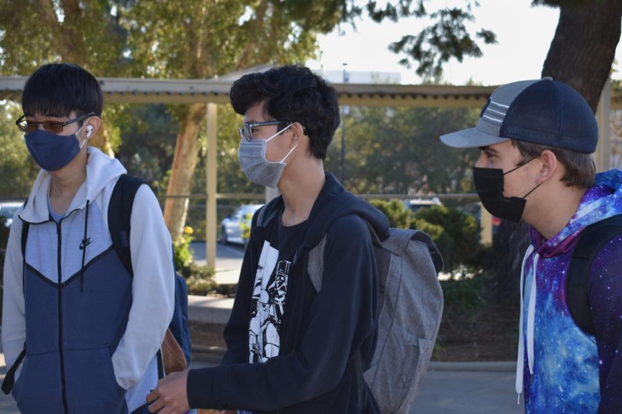 Like many other students, juniors Taylor Kim (left), Jonathan Alexander and Myles Luhm return to school with masks on. Alongside wearing masks, Sunny Hills and the FJUHSD took further regulations to prevent the further spread of the Omicron variant by postponing or canceling non-essential activities on and off-campus activities.