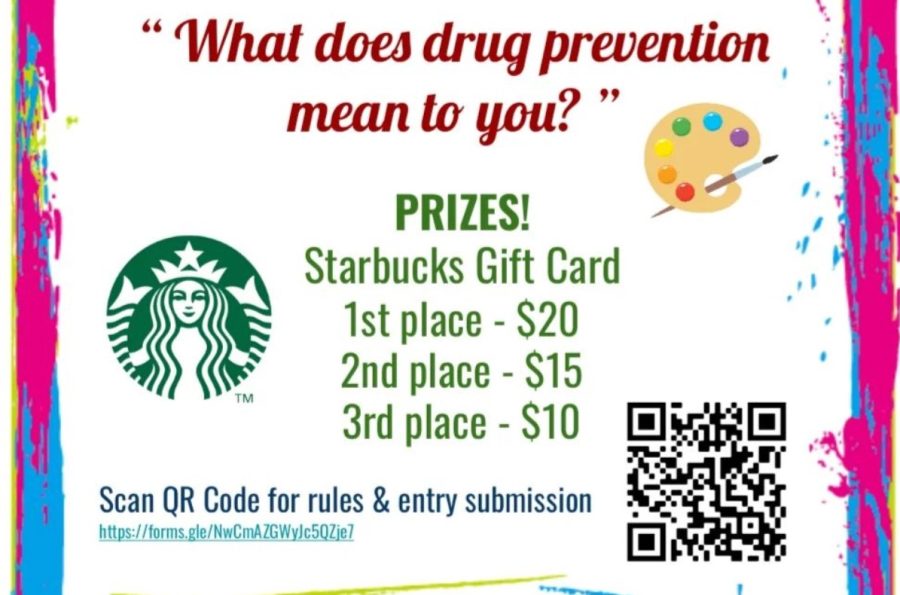 In an effort to raise awareness about drug abuse – especially since prom occurs this month in April – students in Friday Night Live [FNL] have organized a new contest addressing the question: “What does drug prevention mean to you?” This part of the FNL flyer shows the varying Starbucks gift card values as prizes for the top three entries. 