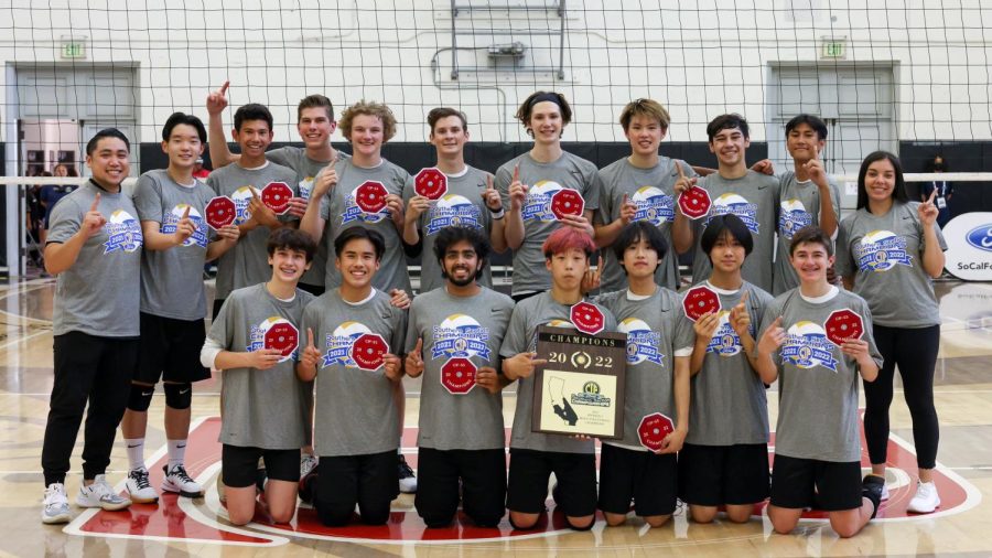 The Sunny Hills boys volleyball team wins the Division 5 CIF-SS championship title May 14 after sweeping Carpinteria High School 3-0 at Long Beach City College. 
