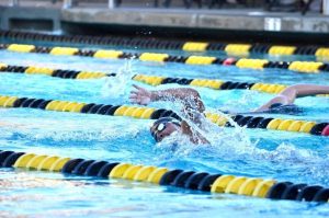 Senior Kailee Chow breezes her way through the 500-meter freestyle, finishing in first place at El Dorado High School on Feb 23. She later broke the Sunny Hills record for the 100-yard butterfly event with a time of 55.65 and secured the Division 2 CIF title.