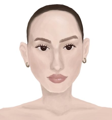 An artists rendition of the image of a true clean girl — minimal makeup and jewelry, pale and clear skin and slicked-back hair.