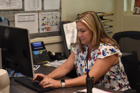 New assistant principal Heather Bradley from Sonora High School works on athletic clearances in her Room 6 office on Thursday, Aug. 18. Bradley replaces Hilda Arredondo, who accepted an administrative position at La Habra High School.