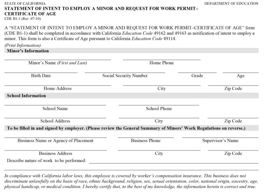 This is the top portion of a work permit application provided by schools in the Fullerton Joint Union High School District. Businesses or students may not be aware that according to California's education code, anyone employed under 18 must seek a work permit, which the person's school issues; the employer must then keep on file the permit as evidence that the business is in compliance with the education code. 