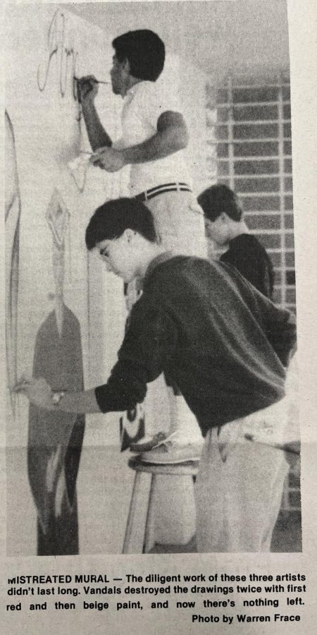 The May 31, 1985, Accolade article describing the vandalism that impacted the original wall painting featured a vertical picture of the art students working on another project.
