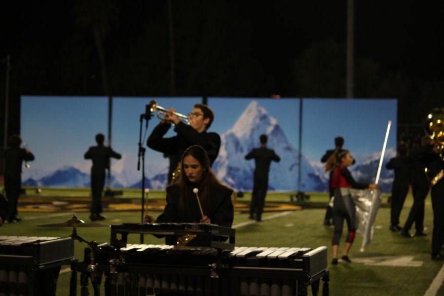 Percussionist freshman Emily Bleker and trumpeter senior Jack Stewart performs The Summit during their Saturday, Nov. 12, show for the Division Championship.