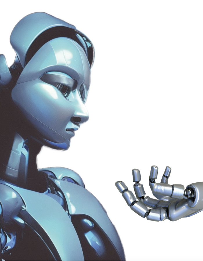 With user-inputted keywords such as robot and hand, two separate artificially intelligent websites produced the humanoid and palm images in under 20 seconds. The hand reaches out to the blue automation, offering its acceptance into an emerging world of technology.